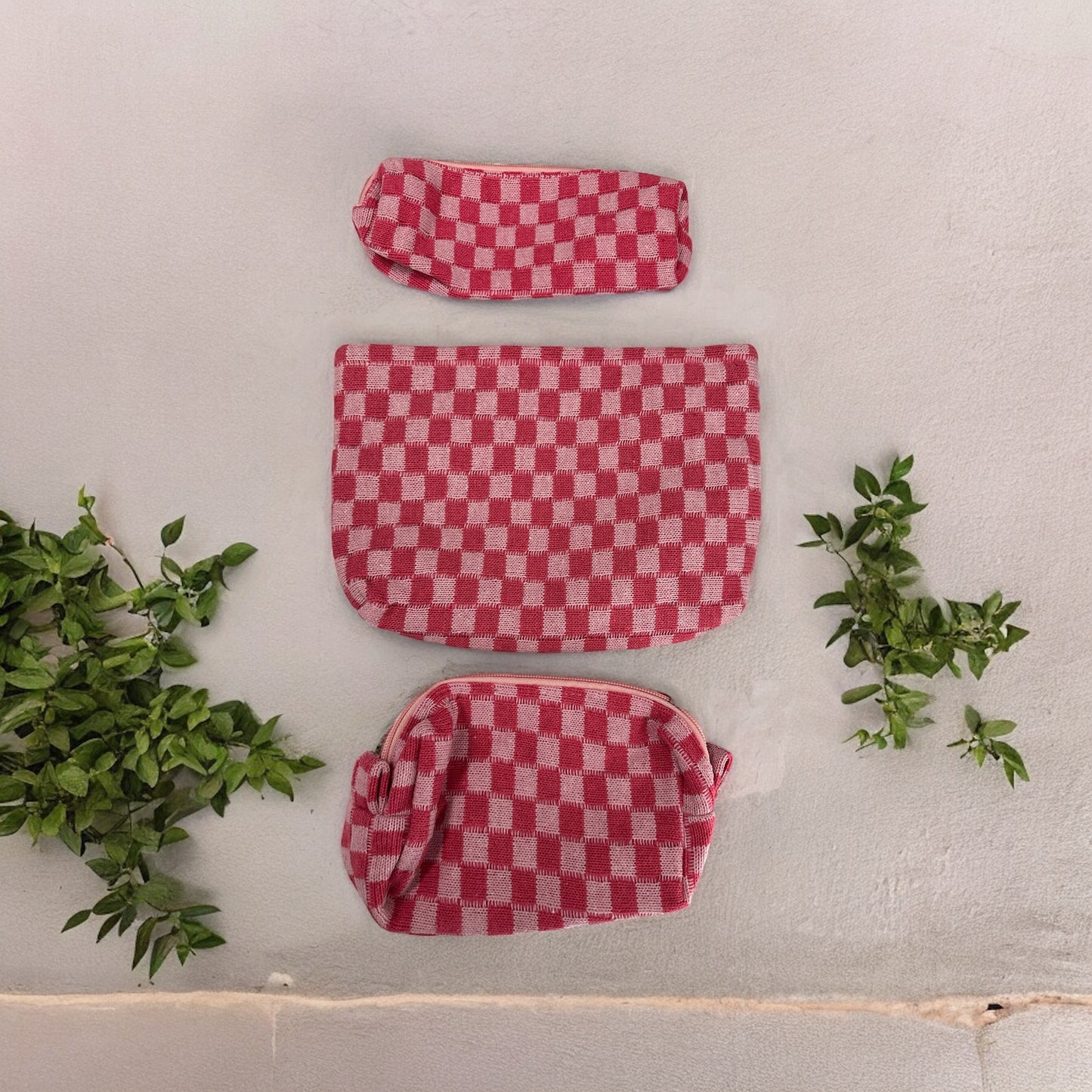 3-Piece Pink Checkered Canvas Bag Set